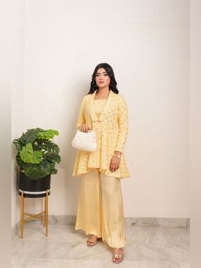 Elegant Yellow Broderie Anglaise Tunic with Satin Wide-Leg Pants